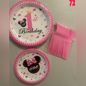 MINNIE One Year Old Birthday 72 pcs Plates And Forks Tableware Supplies